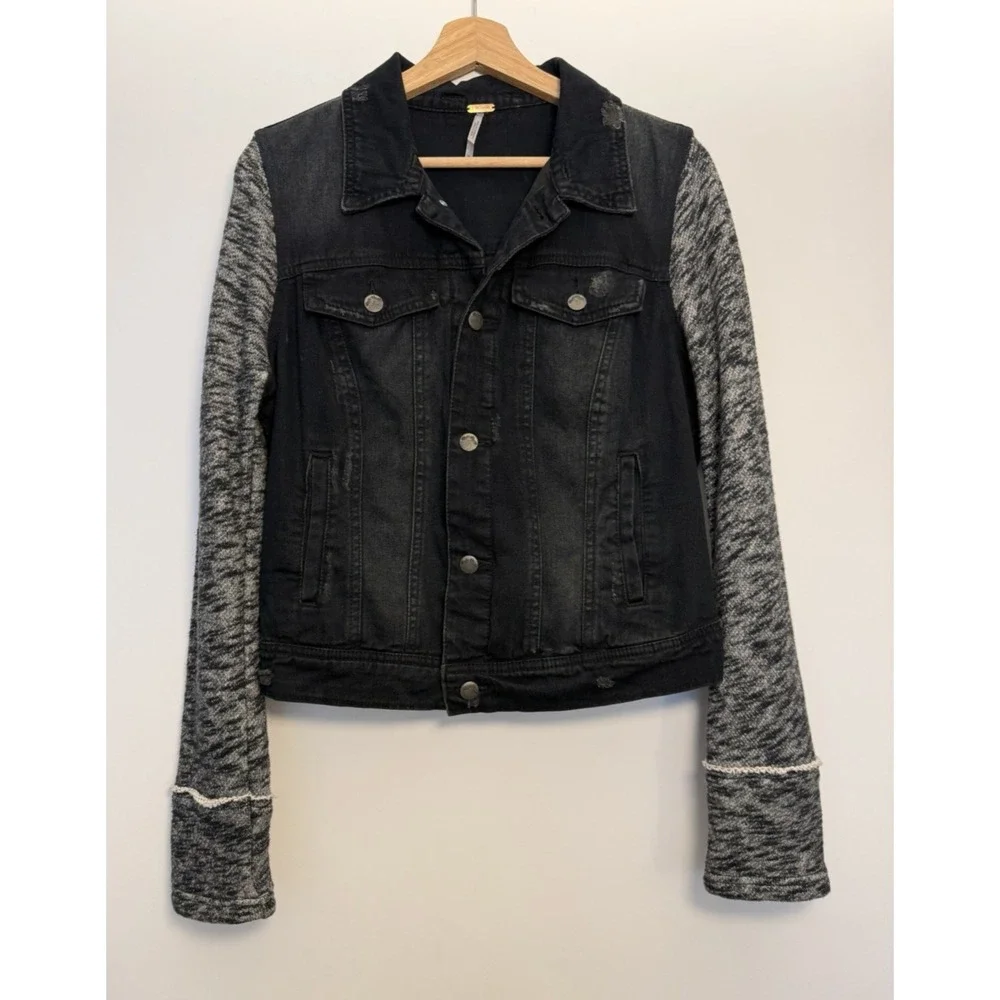 Free People Women's Black Distressed Jean Jacket Sweatshirt Sleeves No Hood Sz M